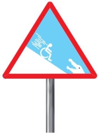 Tiefbahnhof: Eine Innovation für Rollstuhlfahrer - Warnschild  ---->> zum vergrössern draufklicken, ausdrucken und auf Demos mitnehmen