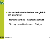 Vortrags-Folie: Sicherheitstechnischer Vergleich im Brandfall / Tiefbahnhof S21 - Kopfbahnhof K21. Autor: Dipl. Ing. Hans Heydemann / Stuttgart