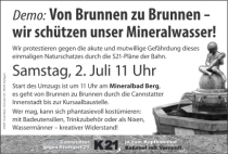Wasserdemo Handzettel: Demo: Von Brunnen zu Brunnen - wir schützen unser Mineralwasser! Start des Umzugs ist um 11 Uhr am Mineralbad Berg (PDF-Datei)